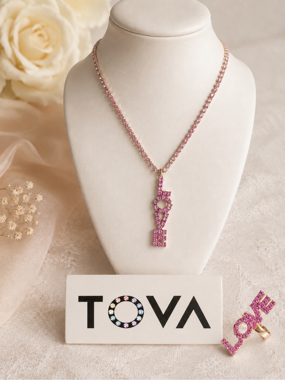 TOVA Pink Pastel Crystal 'LOVE' necklace and adjustable ring SET!
